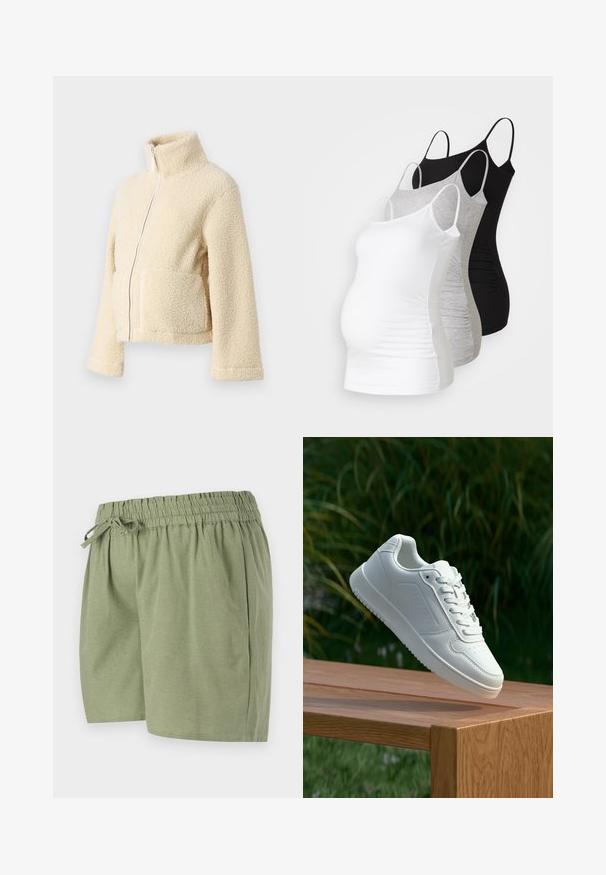 Kremfarget fleecejakke med høy krage, glidelås foran og to klaffelommer. Har en myk, teksturert overflate og vide ermer.; Tre ammetoppe til gravide i hvit, grå og svart. Elastisk stoff med justerbare spaghetti-stropper og samlede sidesømmer for komfort.; Lysegrønne shorts laget av myk stoff. Har elastisk midjebånd med snor, sidelommer og et rett kutt design.; Hvite sneakers med en glatt syntetisk overdel, perforert tåboks, flate snørebånd og en teksturert såle, vist på en treflate.