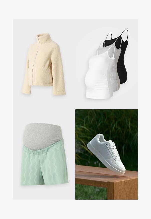 Veste en polaire crème avec un col haut, fermeture éclair frontale et deux poches à rabat. Présente une surface douce et texturée ainsi que des manches larges.; Trois débardeurs de maternité en blanc, gris et noir. Tissu extensible avec des bretelles spaghetti réglables et des coutures latérales froncées pour plus de confort.; Shorts vert menthe avec un motif zigzag texturé, dotés d'une ceinture élastique grise pour le confort. Ils ont une coupe décontractée et un tissu lisse.; Sneakers blanches avec une tige synthétique lisse, un avant perforé, des lacets plats et une semelle texturée, présentées sur une surface en bois.