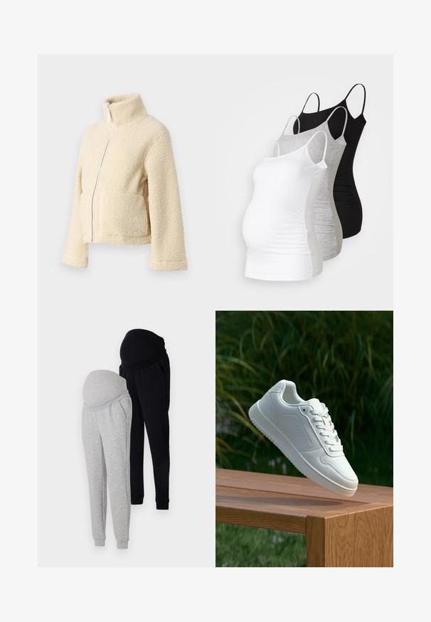 Krämfärgad fleecjacka med hög krage, framdragkedja och två fällfickor. Har en mjuk, texturerad yta och vida ärmar.; Tre amningstoppar i vitt, grått och svart. Stretchigt tyg med justerbara spaghettiband och veckade sidseams för komfort.; Två par graviditetsjoggers: en grå och en svart, båda med elastiska midjeband, fickor och smalnade ben. Lättviktsmaterial.; Vita sneakers med en slät syntetisk ovandel, perforerat tåparti, platta snören och en strukturerad sula, placerade på en träyta.