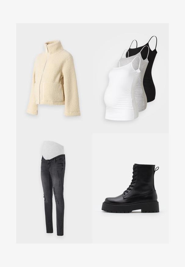 Krema flis jakna z visokim ovratnikom, sprednjim zadrgo in dvema večjima žepoma. Ima mehak, teksturiran površin in široke rokave.; Tri materinski topi brez rokavov v beli, sivi in črni barvi. Raztegljiv material z nastavljivimi naramnicami in nabranimi stranskimi šivi za udobje.; Materinski kavbojke v temno sivi denimu s raztegljivim pasom, s poškodovanimi podrobnostmi in ožjim krojem.; Črne usnjene gležnjarje z okroglo konico, vezalnim sprednjim delom in debelim gumijastim podplatom z teksturiranim profilom. Zanka na hrbtni strani.