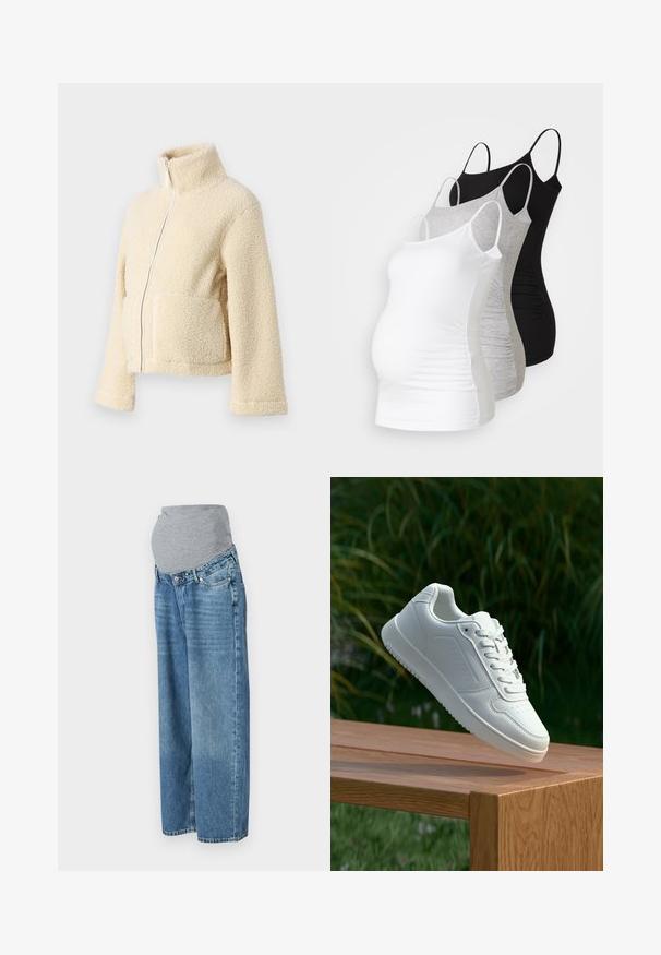 Kreemi fleesjakke, millel on kõrge krae, esipesu ja kaks lapitaskut. Omab pehmet, tekstuurset pinda ja laiu varrukasid.; Kolme äitiystoppia valkoisena, harmaana ja mustana. Venytettävä kangas, säädettävät olkaimet ja rypytetyt sivusaumat mukavuutta varten.; Äitiysfarkut, joissa on joustava harmaa vyötärö ja sininen farkkukangas. Leveä lahjemuotoilu, keskimäinen vyötärö, etutaskut ja huomaamaton haalistuminen.; Valkoiset tennarit, joissa on sileä synteettinen päällinen, rei'itetty varvasosa, litteät nauhat ja teksturoitu pohja, esillä puupinnalla.