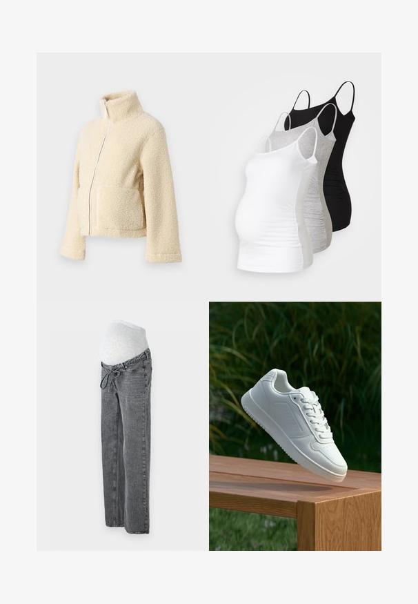Kreemimust kampsun kõrge krae, ees tõmblukuga ja kahe kott-taskuga. Omab pehmet, tekstuuri pinnat ja laiu varrukaid.; Kolm emme tank topi valges, hallis ja mustas värvitoonis. Veniv kangas, reguleeritavad õhuke rihmad ja mugavuse tagavad volditud külgseemed.; Vero Moda Maternity VMMTESSA WIDE BELT - Avar lõikega teksad - medium grey denim; Valged sneakerd, millel on sile sünteetiline ülemine osa, väikeste aukudega varvaskast, lamedad paelad ja tekstuuriga tald, eksponeeritud puidust pinnal.
