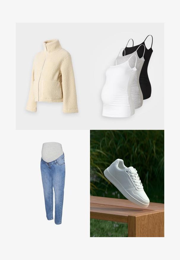 Kremfarget fleecejakke med høy krage, glidelås foran og to klaffelommer. Har en myk, teksturert overflate og vide ermer.; Tre ammetoppe til gravide i hvit, grå og svart. Elastisk stoff med justerbare spaghetti-stropper og samlede sidesømmer for komfort.; Graviditetsjeans med et lys blått denimstoff, rett ben-design og et grått elastisk magebånd for komfort.; Hvite sneakers med en glatt syntetisk overdel, perforert tåboks, flate snørebånd og en teksturert såle, vist på en treflate.