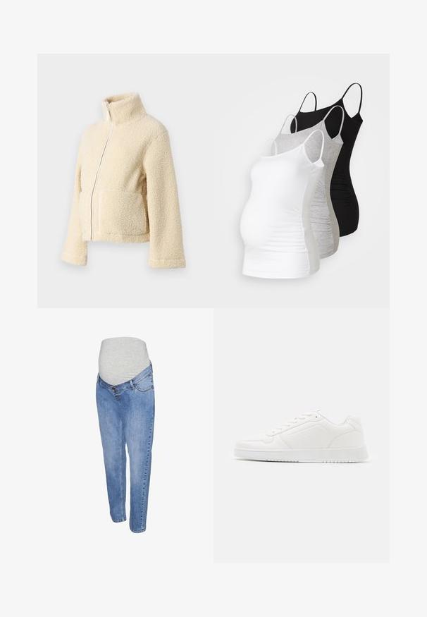 Jaqueta de fleece creme com gola alta, fecho frontal e dois bolsos de patch. Apresenta uma superfície suave e texturada e mangas largas.; Três tops de maternidade sem mangas em branco, cinza e preto. Tecido elástico com alças ajustáveis e costuras laterais franzidas para maior conforto.; Jeans de maternidade em tecido de denim azul claro, com design de perna reta e uma faixa elástica cinza na cintura para conforto.; Sapatilha branca feita de material sintético liso, com bico arredondado, design de atacador, sola plana e detalhes perfurados subtis.