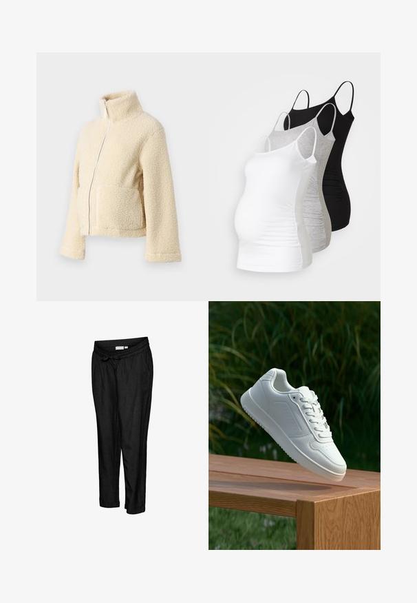 Cream fleece jacket with a high collar, front zipper, and two patch pockets. Features a soft, textured surface and wide sleeves.; Three maternity tank tops in white, gray, and black. Stretchy fabric with adjustable spaghetti straps and gathered side seams for comfort.; MAMALICIOUS MLPETRA - Chinos - black; White sneaker with a smooth synthetic upper, perforated toe box, flat laces, and a textured sole, displayed on a wooden surface.