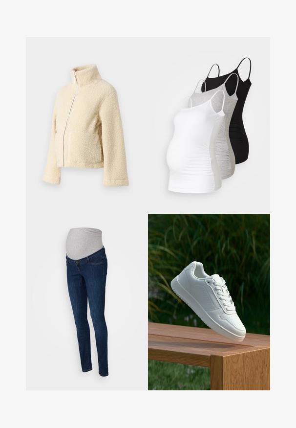 Chaqueta de forro polar crema con cuello alto, cremallera frontal y dos bolsillos de parche. Presenta una superficie suave y texturizada y mangas anchas.; Tres camisetas de maternidad sin mangas en blanco, gris y negro. Fabricadas con tejido elástico, tienen tirantes ajustables y costuras laterales fruncidas para mayor comodidad.; Pantalones vaqueros de maternidad en denim azul oscuro con una cinturilla elástica gris. Diseño ajustado con un estilo clásico de cinco bolsillos y trabillas para el cinturón.; Zapatilla blanca con un upper sintético suave, caja de dedos perforada, cordones planos y una suela texturizada, exhibida sobre una superficie de madera.