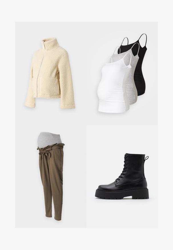 Kremowa polarowa kurtka z wysokim kołnierzem, zamek błyskawiczny z przodu i dwiema kieszeniami naszytymi. Posiada miękką, teksturowaną powierzchnię i szerokie rękawy.; Trzy topy ciążowe na ramiączkach w kolorze białym, szarym i czarnym. Elastyczny materiał z regulowanymi ramiączkami i zaszewkami po bokach dla wygody.; Spodnie ciążowe w oliwkowym kolorze z szarym elastycznym paskiem w talia. Posiadają sznurek w talii i luźny krój dla wygody. Gładka faktura.; Czarne skórzane botki za kostkę z okrągłym noskiem, sznurówką z przodu i grubą gumową podeszwą z teksturowanym bieżnikiem. Pętelka do zakładania z tyłu.