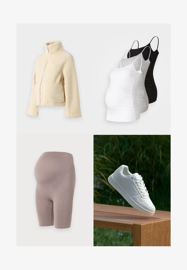 Kremfarget fleecejakke med høy krage, glidelås foran og to klaffelommer. Har en myk, teksturert overflate og vide ermer.; Tre ammetoppe til gravide i hvit, grå og svart. Elastisk stoff med justerbare spaghetti-stropper og samlede sidesømmer for komfort.; Graviditetsshorts i en myk taupe-farge, med et elastisk stoff og en høy midje designet for støtte, som når midt på låret.; Hvite sneakers med en glatt syntetisk overdel, perforert tåboks, flate snørebånd og en teksturert såle, vist på en treflate.