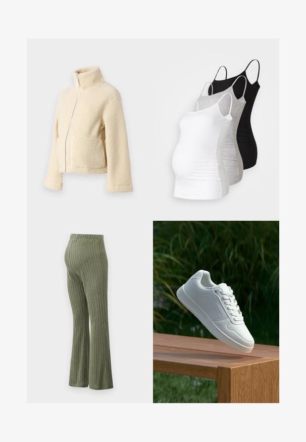 Veste en polaire crème avec un col haut, fermeture éclair frontale et deux poches à rabat. Présente une surface douce et texturée ainsi que des manches larges.; Trois débardeurs de maternité en blanc, gris et noir. Tissu extensible avec des bretelles spaghetti réglables et des coutures latérales froncées pour plus de confort.; Pantalons évasés côtelés en tissu doux et texturé de couleur vert olive, avec une taille élastique et une coupe droite jusqu'à l'ourlet.; Sneakers blanches avec une tige synthétique lisse, un avant perforé, des lacets plats et une semelle texturée, présentées sur une surface en bois.