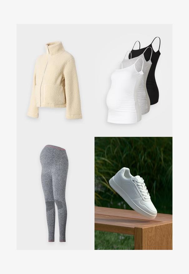 Cream fleece jacket with a high collar, front zipper, and two patch pockets. Features a soft, textured surface and wide sleeves.; Three maternity tank tops in white, gray, and black. Stretchy fabric with adjustable spaghetti straps and gathered side seams for comfort.; Maternity leggings in dark gray, featuring a textured finish and pink accent at the waistband, designed with a fitted silhouette.; White sneaker with a smooth synthetic upper, perforated toe box, flat laces, and a textured sole, displayed on a wooden surface.