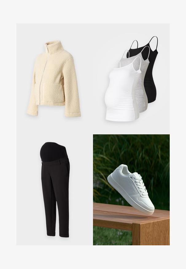 Kreemi fleesjakke, millel on kõrge krae, esipesu ja kaks lapitaskut. Omab pehmet, tekstuurset pinda ja laiu varrukasid.; Kolme äitiystoppia valkoisena, harmaana ja mustana. Venytettävä kangas, säädettävät olkaimet ja rypytetyt sivusaumat mukavuutta varten.; Musta äitiysfarkut, joissa on korkea joustava vyötärö ja kapeneva lahjamuoto. Kankaan pinta on sileä ja siinä on hieno kiilto.; Valkoiset tennarit, joissa on sileä synteettinen päällinen, rei'itetty varvasosa, litteät nauhat ja teksturoitu pohja, esillä puupinnalla.