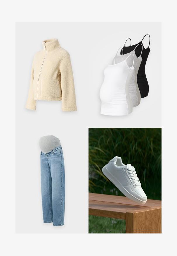 Chaqueta de forro polar crema con cuello alto, cremallera frontal y dos bolsillos de parche. Presenta una superficie suave y texturizada y mangas anchas.; Tres camisetas de maternidad sin mangas en blanco, gris y negro. Fabricadas con tejido elástico, tienen tirantes ajustables y costuras laterales fruncidas para mayor comodidad.; Jeans de maternidad con un lavado azul claro, ajuste relajado y banda elástica gris en la cintura para mayor comodidad y flexibilidad durante el embarazo.; Zapatilla blanca con un upper sintético suave, caja de dedos perforada, cordones planos y una suela texturizada, exhibida sobre una superficie de madera.