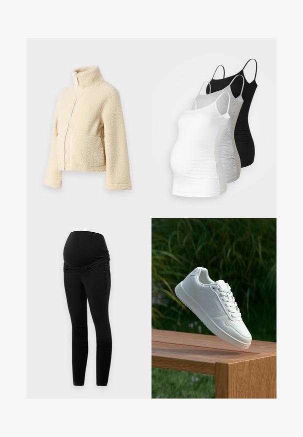 Krém színű plüss dzseki magas gallérral, elülső cipzárral és két folt zsebbel. Puha, textúrált felülettel és széles ujjakkal rendelkezik.; Három kismama tank top fehér, szürke és fekete színben. Rugalmas anyag, állítható pántokkal és beszegett oldals seams, hogy kényelmes viseletet biztosítson.; Fekete kismama farmernadrág, rugalmas derékpánttal a hassal, karcsú fazonnal, elülső zsebekkel és sima textúrával.; Fehér sportcipő sima szintetikus felsőrésszel, perforált lábujjrész, lapos fűzőkkel és texturált talppal, fából készült felületen kihelyezve.