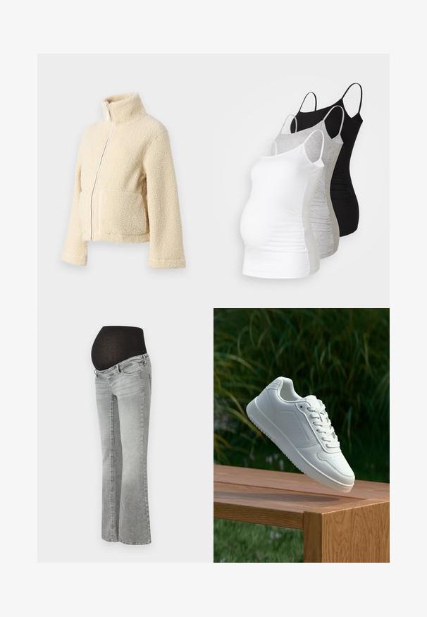 Cream fleece jacket with a high collar, front zipper, and two patch pockets. Features a soft, textured surface and wide sleeves.; Three maternity tank tops in white, gray, and black. Stretchy fabric with adjustable spaghetti straps and gathered side seams for comfort.; Maternity jeans in gray denim with a stretchy black over-the-bump panel, featuring a straight-leg design and subtle faded texture.; White sneaker with a smooth synthetic upper, perforated toe box, flat laces, and a textured sole, displayed on a wooden surface.