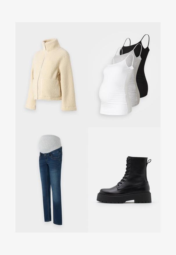 Jaqueta de fleece creme com gola alta, fecho frontal e dois bolsos de patch. Apresenta uma superfície suave e texturada e mangas largas.; Três tops de maternidade sem mangas em branco, cinza e preto. Tecido elástico com alças ajustáveis e costuras laterais franzidas para maior conforto.; Calças de maternidade em denim azul-escuro com uma faixa cinza elástica na barriga, apresentando um corte slim, bolsos frontais e detalhes cosidos.; Botas de couro pretas até ao tornozelo, com bico redondo, atacador na frente e uma sola de borracha espessa com um padrão texturizado. Alça na parte de trás.