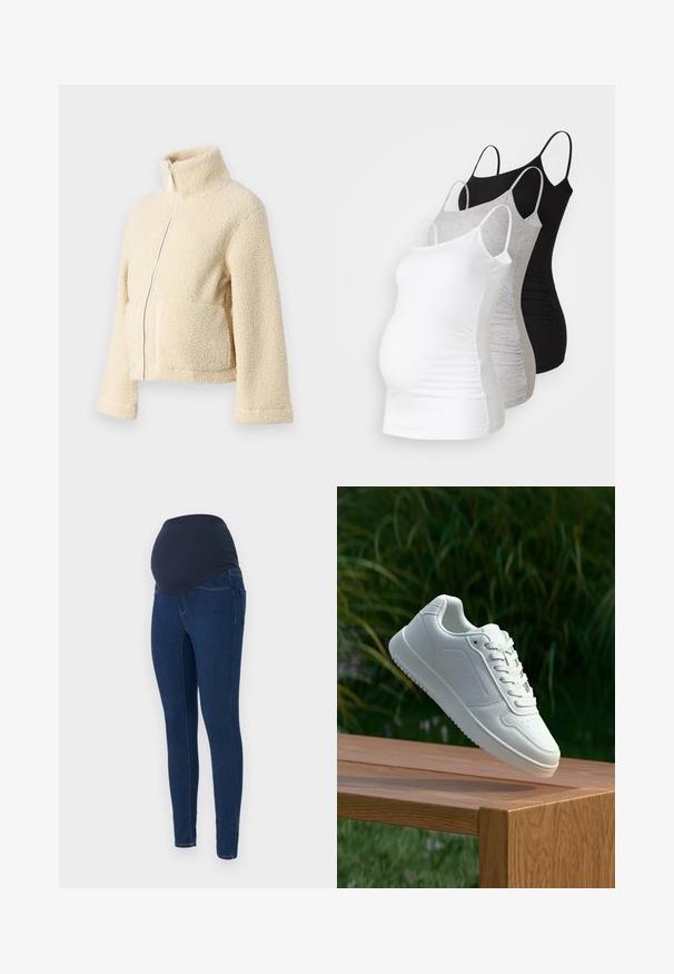 Kremfarget fleecejakke med høy krage, glidelås foran og to klaffelommer. Har en myk, teksturert overflate og vide ermer.; Tre ammetoppe til gravide i hvit, grå og svart. Elastisk stoff med justerbare spaghetti-stropper og samlede sidesømmer for komfort.; Graviditetsjeans i mørkeblå denim, med en stretchy mørk midje og en slim-fit design med lommer.; Hvite sneakers med en glatt syntetisk overdel, perforert tåboks, flate snørebånd og en teksturert såle, vist på en treflate.