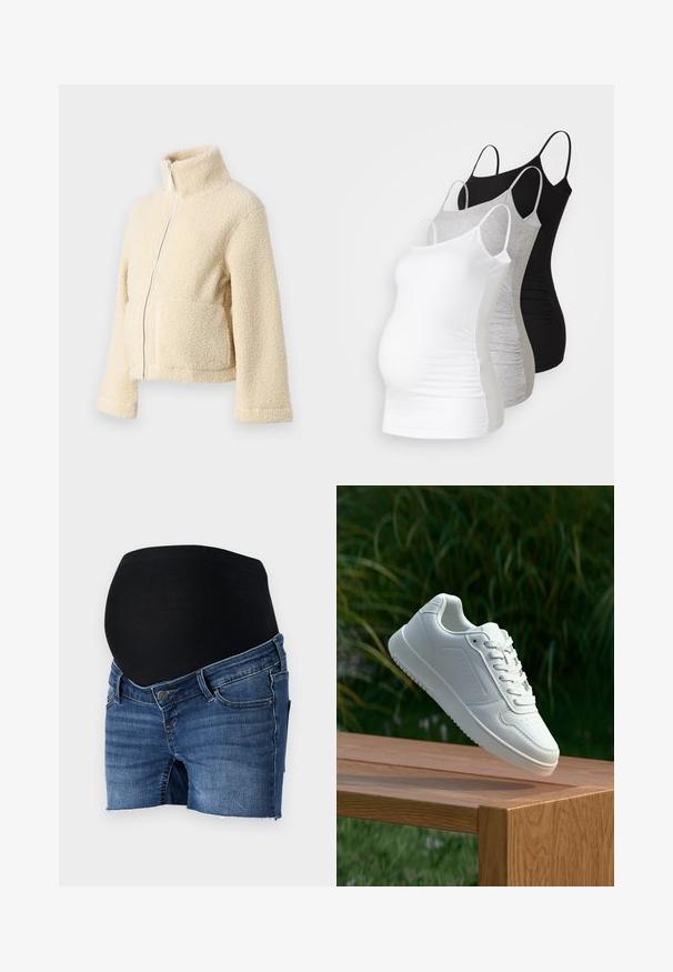 Krēms krāsas vilnas jaka ar augstu apkakli, priekšējo rāvējslēdzēju un divām kabatām. Tai ir mīksta, tekstūra virsma un plašas piedurknes.; Trīs grūtniecības tērpi bez piedurknēm baltā, pelēkā un melnā krāsā. Elastīgs audums ar regulējamiem tievajiem plecu siksniņām un savilktām sānu šuvēm komfortam.; Maternitātes džinsus šortus ar elastīgu melnu jostasvietu, ar zilā džina audumu, piegulīgu dizainu un saplēstiem kāju galiem.; Baltie sporta apavi ar gludu sintētisku augšpusi, perforētu pirkstu daļu, plakani šņorēm un rakstainu zoli, novietoti uz koka virsmas.