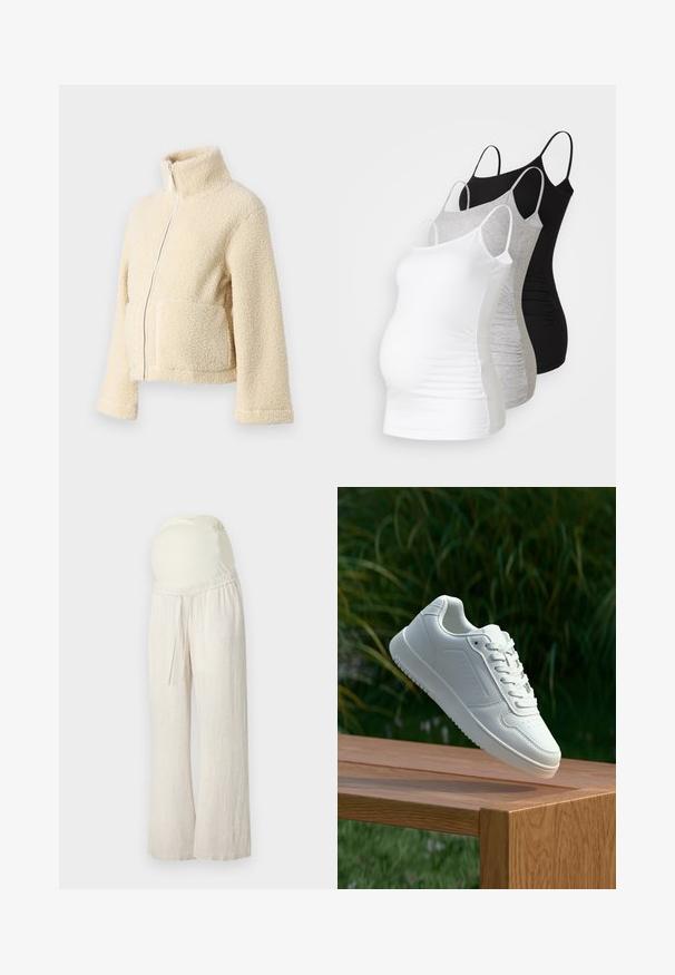 Kreemimust kampsun kõrge krae, ees tõmblukuga ja kahe kott-taskuga. Omab pehmet, tekstuuri pinnat ja laiu varrukaid.; Kolm emme tank topi valges, hallis ja mustas värvitoonis. Veniv kangas, reguleeritavad õhuke rihmad ja mugavuse tagavad volditud külgseemed.; Heledadbeige raseduspüksid, millel on mugav lõige, elastsest materjalist vöökoht ja pehme, veniv kõhutugi. Valmistatud kergest ja hingavast materjalist.; Valged sneakerd, millel on sile sünteetiline ülemine osa, väikeste aukudega varvaskast, lamedad paelad ja tekstuuriga tald, eksponeeritud puidust pinnal.
