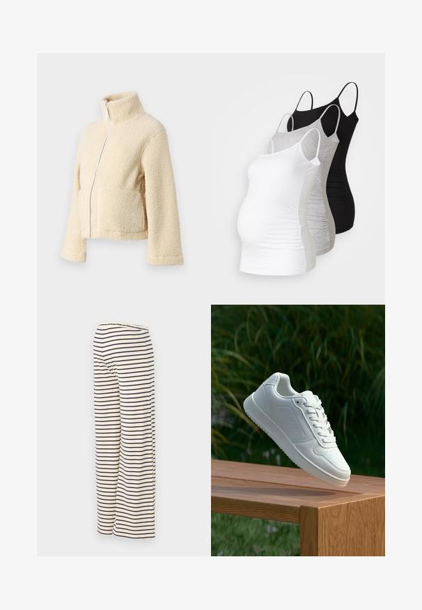 Cremefarbene Fleecejacke mit hohem Kragen, frontalem Reißverschluss und zwei aufgesetzten Taschen. Sie zeichnet sich durch eine weiche, strukturierte Oberfläche und weite Ärmel aus.; Drei Still-Tanktops in Weiß, Grau und Schwarz. Dehnbare Stoffe mit verstellbaren Spaghettiträgern und gerafften Seitennähten für zusätzlichen Komfort.; Gestreifte weit geschnittene Hose in Creme mit navyblauen horizontalen Streifen, aus einem weichen Stoff und mit einem elastischen Bund für zusätzlichen Komfort.; Weiße Sneaker mit einem glatten, synthetischen Obermaterial, perforierter Zehenbox, flachen Schnürsenkeln und einer strukturierten Sohle, präsentiert auf einer Holzoberfläche.