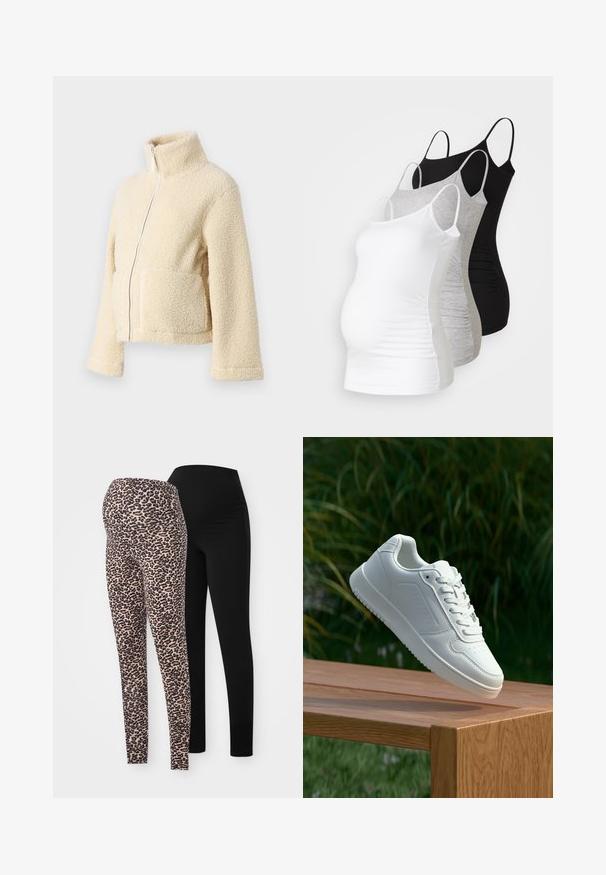 Cream fleece jacket with a high collar, front zipper, and two patch pockets. Features a soft, textured surface and wide sleeves.; Three maternity tank tops in white, gray, and black. Stretchy fabric with adjustable spaghetti straps and gathered side seams for comfort.; Two pairs of leggings: one features a leopard print design in beige and black, while the other is solid black, both with a fitted shape and elastic waistbands.; White sneaker with a smooth synthetic upper, perforated toe box, flat laces, and a textured sole, displayed on a wooden surface.