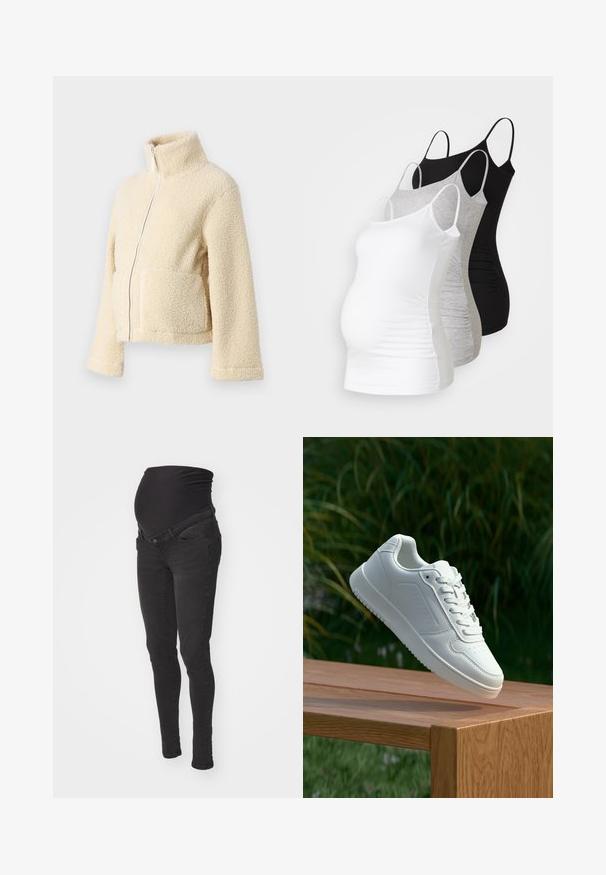 Krém színű plüss dzseki magas gallérral, elülső cipzárral és két folt zsebbel. Puha, textúrált felülettel és széles ujjakkal rendelkezik.; Három kismama tank top fehér, szürke és fekete színben. Rugalmas anyag, állítható pántokkal és beszegett oldals seams, hogy kényelmes viseletet biztosítson.; Fekete kismama farmernadrág puha, rugalmas derékkal, slim-fit fazonnal és két elülső zsebbel. Sima textúrájú denim anyagból készült.; Fehér sportcipő sima szintetikus felsőrésszel, perforált lábujjrész, lapos fűzőkkel és texturált talppal, fából készült felületen kihelyezve.