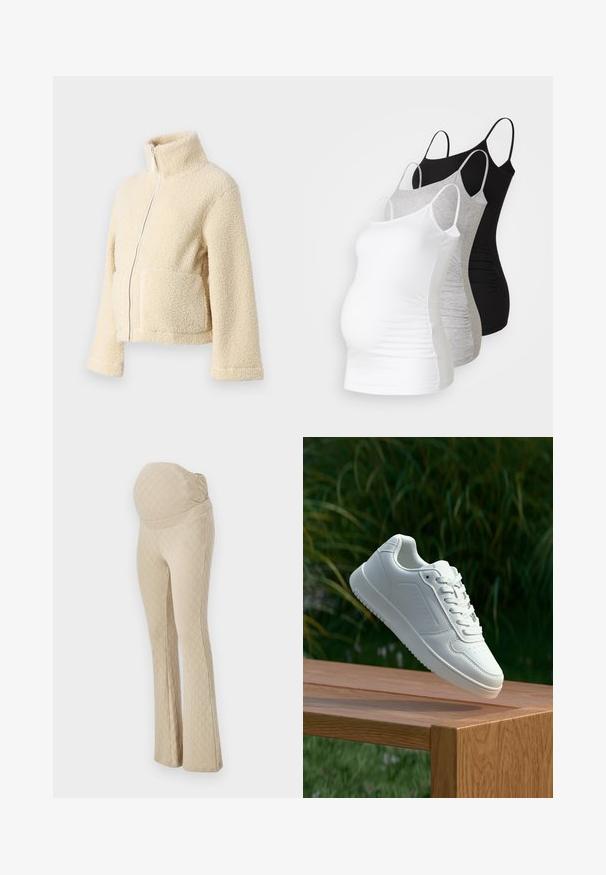Krém színű plüss dzseki magas gallérral, elülső cipzárral és két folt zsebbel. Puha, textúrált felülettel és széles ujjakkal rendelkezik.; Három kismama tank top fehér, szürke és fekete színben. Rugalmas anyag, állítható pántokkal és beszegett oldals seams, hogy kényelmes viseletet biztosítson.; Beige színű, harangszárú kismama nadrág, texturált gyémánt mintával, magas, elasztikus derékkal a pocak támogatására. Simára megmunkált anyag.; Fehér sportcipő sima szintetikus felsőrésszel, perforált lábujjrész, lapos fűzőkkel és texturált talppal, fából készült felületen kihelyezve.