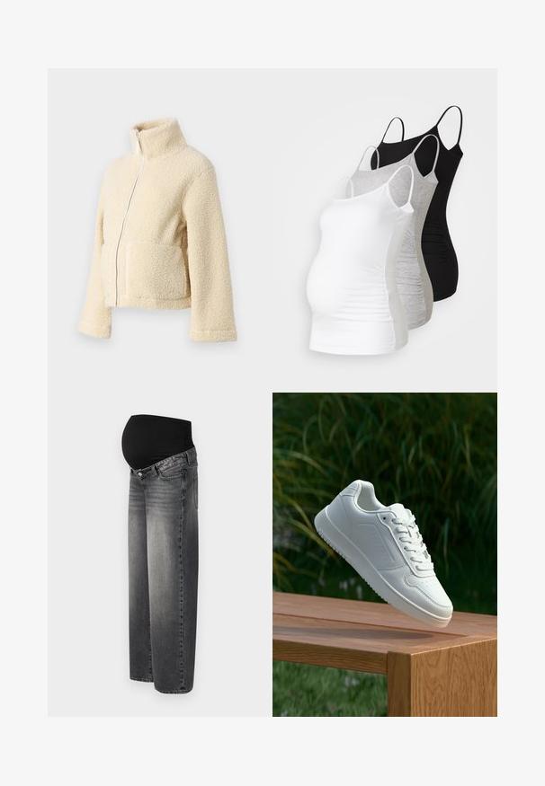 Kremasti flis jakna s visokim ovratnikom, prednjim patentnim zatvaračem i dva džepa s preklopom. Ima mekan, teksturiran površinu i široke rukave.; Tri majice za trudnice bez rukava u bijeloj, sivoj i crnoj boji. Elastični materijal s podesivim trakama i naboranim bočnim šavovima za udobnost.; Trudne traperice u izblijedjelom crnom denimu s rastezljivim crnim pojasom za podršku. Dizajn širokih nogavica s klasičnim prednjim džepovima.; Bijela tenisica sa glatkim sintetičkim gornjim dijelom, perforiranim prednjim dijelom, ravnim vezicama i teksturiranom potplatom, prikazana na drvenoj površini.