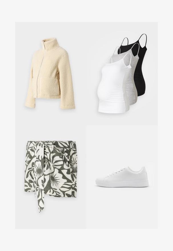 Kremowa polarowa kurtka z wysokim kołnierzem, zamek błyskawiczny z przodu i dwiema kieszeniami naszytymi. Posiada miękką, teksturowaną powierzchnię i szerokie rękawy.; Trzy topy ciążowe na ramiączkach w kolorze białym, szarym i czarnym. Elastyczny materiał z regulowanymi ramiączkami i zaszewkami po bokach dla wygody.; Zielona i biała spódnica w kwiatowy wzór związywana paskiem, wykonana z lekkiego materiału, charakteryzująca się luźnym krojem i bocznymi plisami.; Białe trampki z gładką syntetyczną cholewką, okrągłym noskiem, sześcioma oczkami na sznurowadła i niskoprofilową gumową podeszwą z fakturowanymi detalami.
