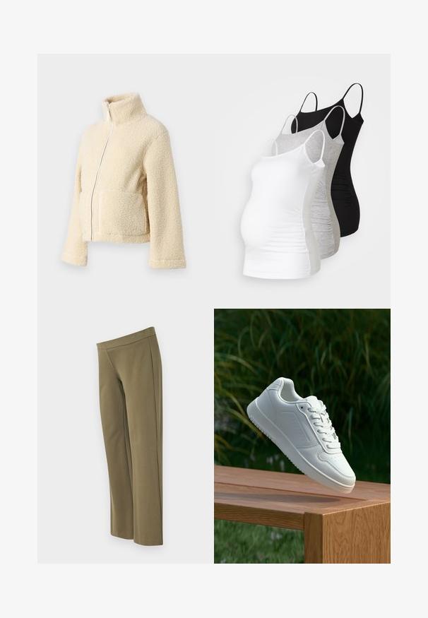 Kremasti flis jakna s visokim ovratnikom, prednjim patentnim zatvaračem i dva džepa s preklopom. Ima mekan, teksturiran površinu i široke rukave.; Tri majice za trudnice bez rukava u bijeloj, sivoj i crnoj boji. Elastični materijal s podesivim trakama i naboranim bočnim šavovima za udobnost.; Maslinasto zelene široke hlače od mekog materijala, s glatkim pojasom i minimalnim šavovima za čisti izgled.; Bijela tenisica sa glatkim sintetičkim gornjim dijelom, perforiranim prednjim dijelom, ravnim vezicama i teksturiranom potplatom, prikazana na drvenoj površini.