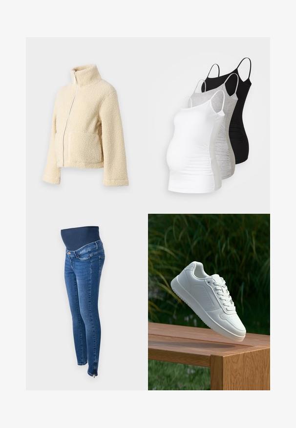 Jaqueta de fleece creme com gola alta, fecho frontal e dois bolsos de patch. Apresenta uma superfície suave e texturada e mangas largas.; Três tops de maternidade sem mangas em branco, cinza e preto. Tecido elástico com alças ajustáveis e costuras laterais franzidas para maior conforto.; Jeans de maternidade em denim azul escuro. Corte justo com uma faixa de barriga elástica e de suporte. Apresenta fechos de zíper laterais na parte do tornozelo.; Sapatilha branca com um cabedal sintético liso, caixa dos dedos perfurada, atacadores planos e uma sola texturizada, exposta sobre uma superfície de madeira.