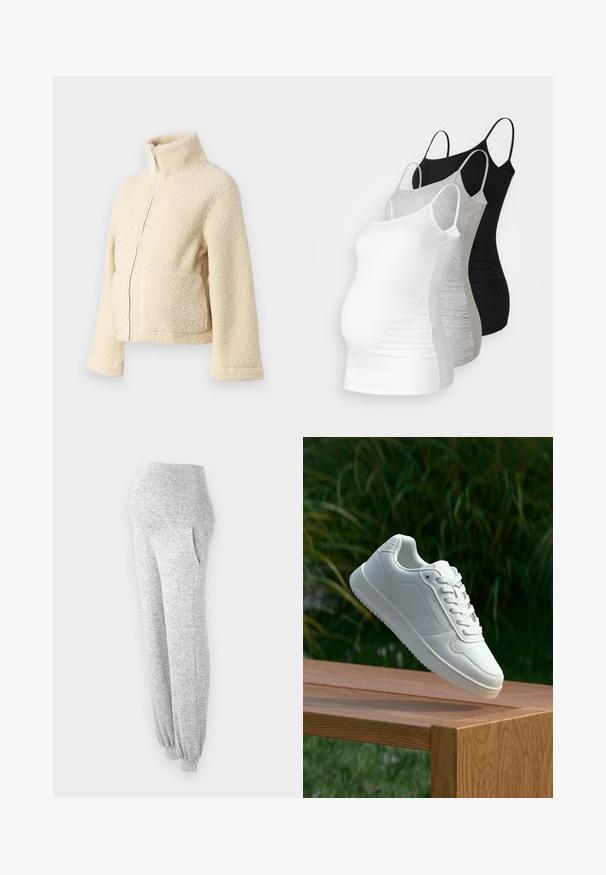 Kremo spalvos pūkinė striukė su aukštu apykakle, priekyje užtrauktuku ir dviem kišenėmis. Yra minkštas, tekstūruotas paviršius ir plačios rankovės.; Trys nėštumo marškiniai be rankovių – balti, pilki ir juodi. Tampri medžiaga su reguliuojamomis petnešėlėmis ir susiraukšlėjusiomis šoninėmis siūlėmis, užtikrinančiomis komfortą.; Pilki, tekstūruoti džinsiniai kelnės su aukšta juosmens linija, šoninėmis kišenėmis ir elastingais rankogaliais ties kulkšnimis. Lygus audinys su melange raštu.; Balti sneakeriai su lygia sintetine viršutine dalimi, perforuota pirštų zona, plokščiomis raištelėmis ir tekstūruotu padu, padėti ant medinės paviršiaus.