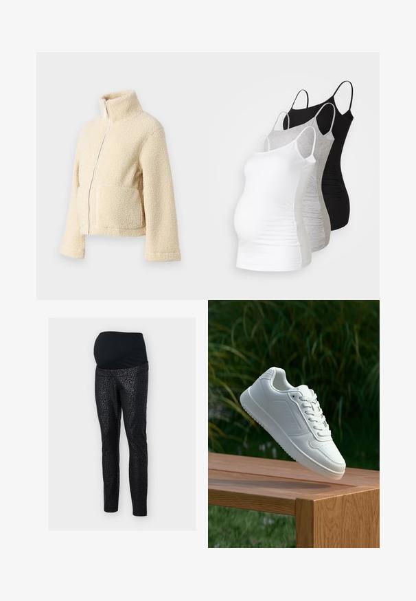 Jaqueta de fleece creme com gola alta, fecho frontal e dois bolsos de patch. Apresenta uma superfície suave e texturada e mangas largas.; Três tops de maternidade sem mangas em branco, cinza e preto. Tecido elástico com alças ajustáveis e costuras laterais franzidas para maior conforto.; Leggings de maternidade em preto com uma cintura elástica e texturizada. O tecido principal apresenta um padrão discreto de manchas de leopardo pretas. Design ajustado.; Sapatilha branca com um cabedal sintético liso, caixa dos dedos perfurada, atacadores planos e uma sola texturizada, exposta sobre uma superfície de madeira.