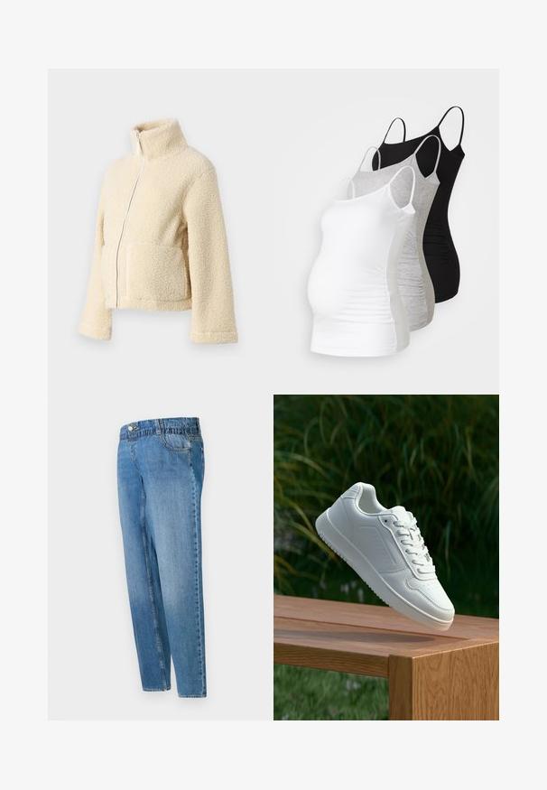 Kreemi fleesjakke, millel on kõrge krae, esipesu ja kaks lapitaskut. Omab pehmet, tekstuurset pinda ja laiu varrukasid.; Kolme äitiystoppia valkoisena, harmaana ja mustana. Venytettävä kangas, säädettävät olkaimet ja rypytetyt sivusaumat mukavuutta varten.; Vaaleansinisiä korkeavyötäröisiä rentoja farkkuja, joissa on edessä nappi, vetoketjukiinnitys ja klassinen viiden taskun muotoilu valkoista taustaa vasten.; Valkoiset tennarit, joissa on sileä synteettinen päällinen, rei'itetty varvasosa, litteät nauhat ja teksturoitu pohja, esillä puupinnalla.