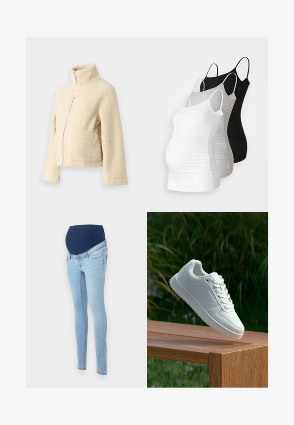 Kremo spalvos pūkinė striukė su aukštu apykakle, priekyje užtrauktuku ir dviem kišenėmis. Yra minkštas, tekstūruotas paviršius ir plačios rankovės.; Trys nėštumo marškiniai be rankovių – balti, pilki ir juodi. Tampri medžiaga su reguliuojamomis petnešėlėmis ir susiraukšlėjusiomis šoninėmis siūlėmis, užtikrinančiomis komfortą.; Šviesiai mėlynos džinsinės nėščiųjų kelnės su elastingu tamsiai mėlynu juosmeniu. Priglundantys kojų dizainas su dviem priekinėmis kišenėmis ir subtiliomis siuvimo detalėmis.; Balti sneakeriai su lygia sintetine viršutine dalimi, perforuota pirštų zona, plokščiomis raištelėmis ir tekstūruotu padu, padėti ant medinės paviršiaus.