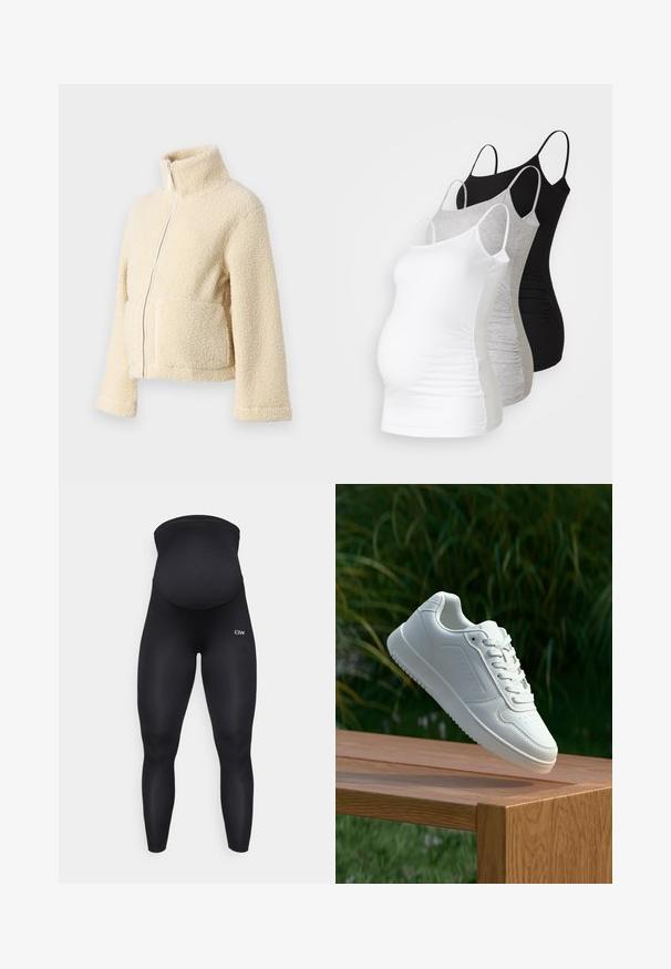 Kremfarget fleecejakke med høy krage, glidelås foran og to klaffelommer. Har en myk, teksturert overflate og vide ermer.; Tre ammetoppe til gravide i hvit, grå og svart. Elastisk stoff med justerbare spaghetti-stropper og samlede sidesømmer for komfort.; Sorte graviditetsleggings med en høy, støttende midje. Laget av elastisk stoff, med en glatt, jevn tekstur og en logo på den nedre delen av benet.; Hvite sneakers med en glatt syntetisk overdel, perforert tåboks, flate snørebånd og en teksturert såle, vist på en treflate.