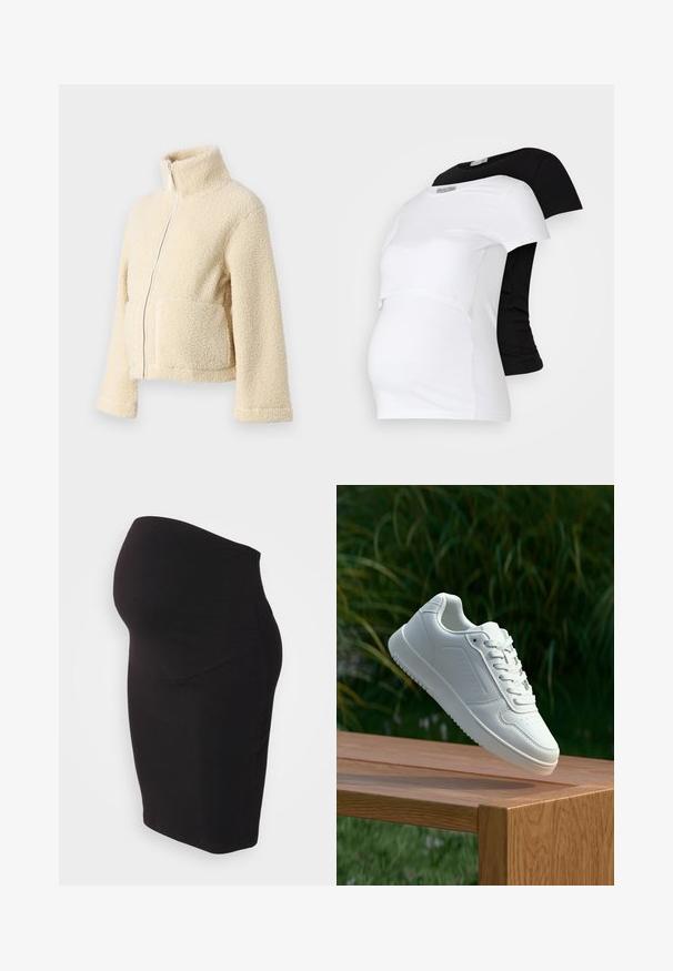 Jachetă din fleece crem, cu guler înalt, fermoar frontal și două buzunare aplicate. Are o suprafață moale și texturată și mâneci largi.; Tricouri de maternitate alb-negru, cu maneci scurte, din material moale de bumbac, cu un design stratificat și o secțiune adunată pentru burtica în creștere.; Fustă de maternitate neagră, realizată dintr-un material moale și elastic. Prezintă un panou înalt la talie pentru confort și un design ajustat care conturează corpul.; Sneaker alb cu un upper sintetic neted, cu vârf perforat, șireturi plate și o talpă texturată, expus pe o suprafață de lemn.