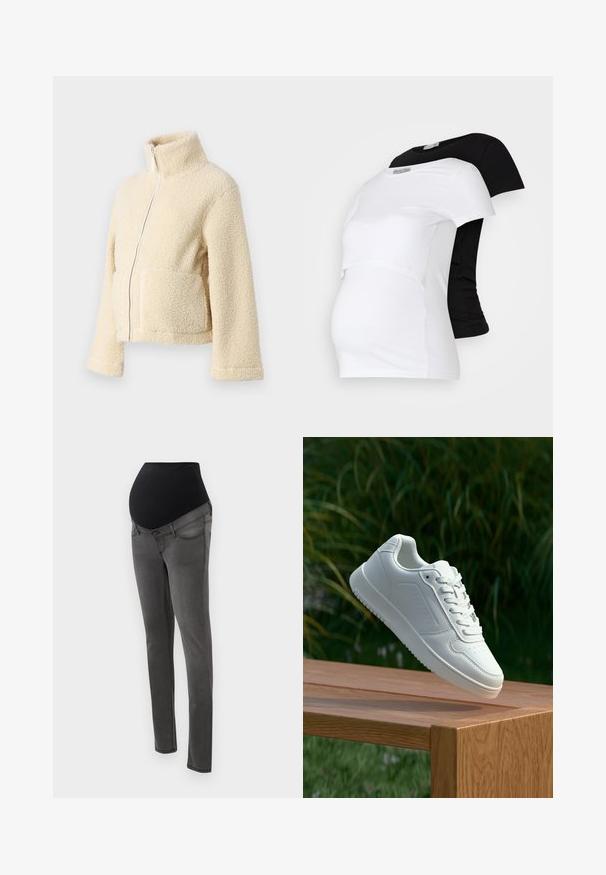 Krémová fleecová bunda s vysokým límcem, předním zipem a dvěma našitými kapsami. Vyznačuje se měkkým, texturovaným povrchem a širokými rukávy.; Černobílé těhotenské trička, krátké rukávy, vyrobená z měkké bavlny, s vrstveným designem a naříznutou částí pro rostoucí bříško.; Těhotenské džíny s černým elastickým pasem, šedým denimovým tělem, slim-fit designem a kapsami. Mají hladkou strukturu a čisté linie.; Bílé tenisky s hladkým syntetickým svrškem, perforovanou špičkou, plochými tkaničkami a texturovanou podrážkou, vystavené na dřevěném povrchu.