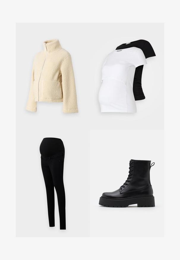 Jaqueta de fleece creme com gola alta, fecho frontal e dois bolsos de patch. Apresenta uma superfície suave e texturada e mangas largas.; T-shirts de maternidade em preto e branco, de mangas curtas, em material de algodão suave, com um design em camadas e uma seção franzida para a barriga em crescimento.; Leggings de maternidade pretos com uma cintura elevada que oferece suporte. Feitos de um tecido elástico, apresentam um corte slim e um design clássico de cinco bolsos.; Botas de couro pretas até ao tornozelo, com bico redondo, atacador na frente e uma sola de borracha espessa com um padrão texturizado. Alça na parte de trás.