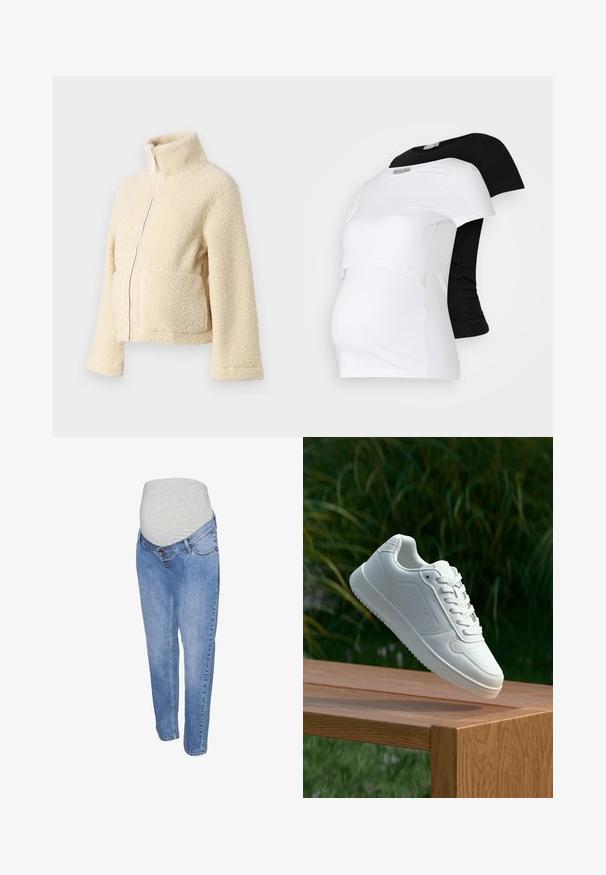 Kremasti flis jakna s visokim ovratnikom, prednjim patentnim zatvaračem i dva džepa s preklopom. Ima mekan, teksturiran površinu i široke rukave.; Crno-bijeli majice za trudnice, kratki rukavi, mekani pamučni materijal, s višeslojnim dizajnom koji ima naborani dio za rastući trbuh.; Trudne traperice za trudnice s laganom plavom traper tkaninom, ravnim nogavicama i sivim elastičnim pojasom za trbuh radi udobnosti.; Bijela tenisica sa glatkim sintetičkim gornjim dijelom, perforiranim prednjim dijelom, ravnim vezicama i teksturiranom potplatom, prikazana na drvenoj površini.