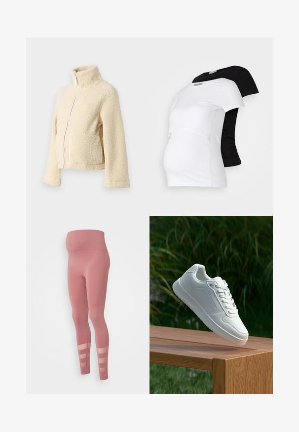 Krämfärgad fleecjacka med hög krage, framdragkedja och två fällfickor. Har en mjuk, texturerad yta och vida ärmar.; Svartvita graviditets-T-shirts, kortärmade, i mjukt bomullsmaterial, med en lagerdesign och en rynkad del för en växande mage.; Rosa leggings med en sömlös hög midja, med ett transparent randigt urklipp vid underbenen. Tillverkade av ett stretchigt, mjukt tyg.; Vita sneakers med en slät syntetisk ovandel, perforerat tåparti, platta snören och en strukturerad sula, placerade på en träyta.