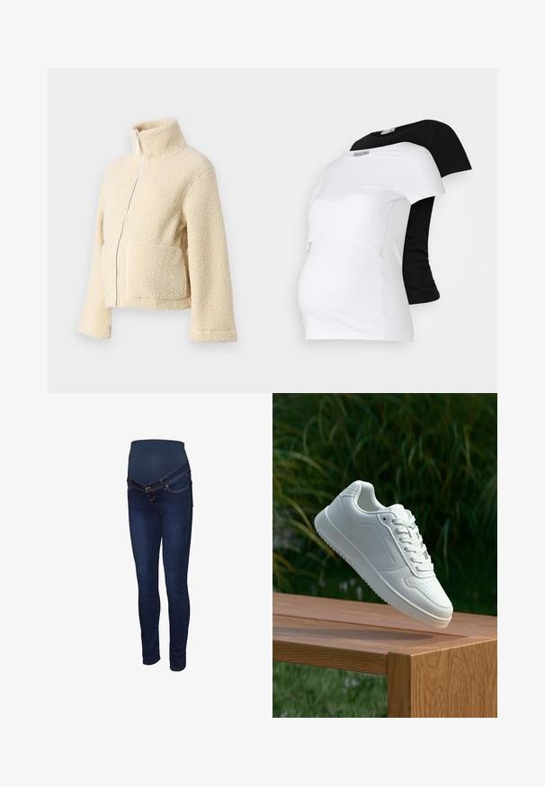 Kremfarget fleecejakke med høy krage, glidelås foran og to klaffelommer. Har en myk, teksturert overflate og vide ermer.; Svarte og hvite graviditet t-skjorter med kort erm, laget av mykt bomullsmateriale, med et lagdelt design og en sammenrullet del for en voksende mage.; Mørkeblå mammabukser i jeans med en elastisk panel ved midjen, slank passform og klassisk fem-lommer design med kontrastfarget søm.; Hvite sneakers med en glatt syntetisk overdel, perforert tåboks, flate snørebånd og en teksturert såle, vist på en treflate.