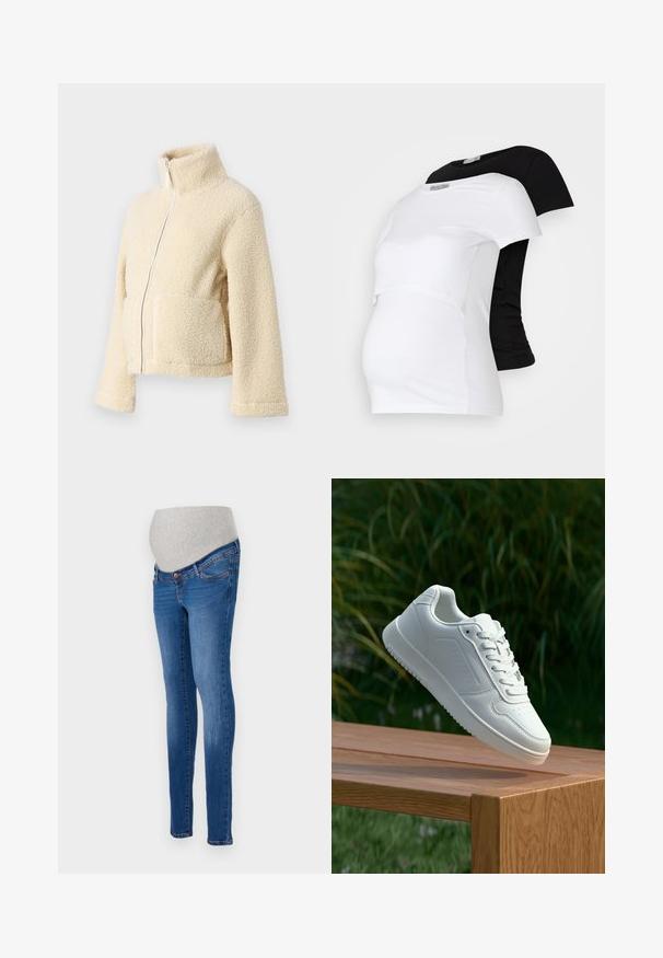 Krämfärgad fleecjacka med hög krage, framdragkedja och två fällfickor. Har en mjuk, texturerad yta och vida ärmar.; Svartvita graviditets-T-shirts, kortärmade, i mjukt bomullsmaterial, med en lagerdesign och en rynkad del för en växande mage.; Gravidjeans i blå denim med en figursydd passform. Har en grå stretchpanel för komfort. Klassisk femfickdesign med lätt blekning.; Vita sneakers med en slät syntetisk ovandel, perforerat tåparti, platta snören och en strukturerad sula, placerade på en träyta.