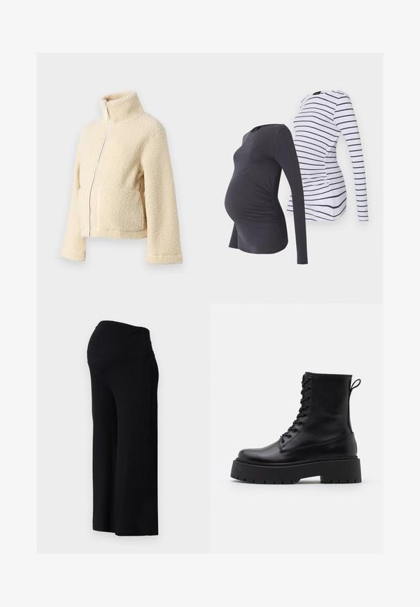 Kreemi fleesjakke, millel on kõrge krae, esipesu ja kaks lapitaskut. Omab pehmet, tekstuurset pinda ja laiu varrukasid.; Kaksi pitkähihasta äitiyspaitaa: yksi tummanharmaa, jossa on rypytettyjä sivuja, ja toinen valkoinen, jossa on tummansinihäri vaakaraitoja. Pehmeä ja joustava kangas.; Mustat ribatut leveälahkeiset housut korkealla vyötäröllä. Kangas on sileä ja joustava, mikä luo rentoa istuvuutta lahkeiden ympärille.; Musta nahkainen nilkkureita, joissa on pyöreä kärki, nauhakiinnitys edessä ja paksu kumipohja, jossa on teksturoitu pinta. Takana vetotappi.