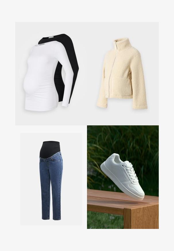 Kreemimust kampsun kõrge krae, ees tõmblukuga ja kahe kott-taskuga. Omab pehmet, tekstuuri pinnat ja laiu varrukaid.; Kaks pikendatud raseduspluuside särk, üks valge ja teine must, pehme kangaga, kehaüfitava disainiga ja külgedel volangidega.; Rasedusjeansid sinise denimi jalgadega ja musta veniva kõhuplaadiga, mis on mõeldud toetama ja katma kasvavat kõhtu.; Valged sneakerd, millel on sile sünteetiline ülemine osa, väikeste aukudega varvaskast, lamedad paelad ja tekstuuriga tald, eksponeeritud puidust pinnal.