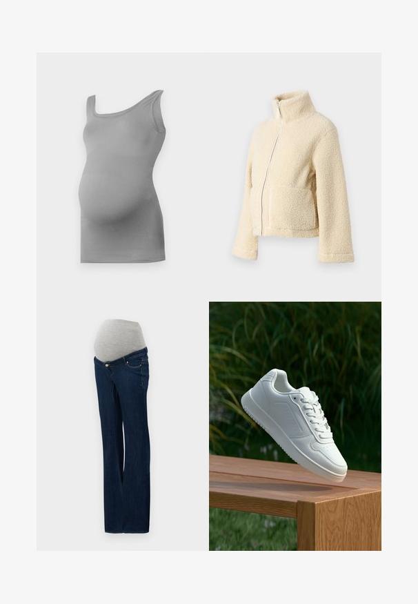 Kremfarget fleecejakke med høy krage, glidelås foran og to klaffelommer. Har en myk, teksturert overflate og vide ermer.; Grå ammetopp laget av glatt, elastisk stoff. Den har brede skulderstropper og en kroppsnær design som fremhever den runde magen.; Graviditetsjeans laget av mørkeblå denim, med en grå elastisk magepanel, rett bendesign og frontlommer med metalliske detaljer.; Hvite sneakers med en glatt syntetisk overdel, perforert tåboks, flate snørebånd og en teksturert såle, vist på en treflate.