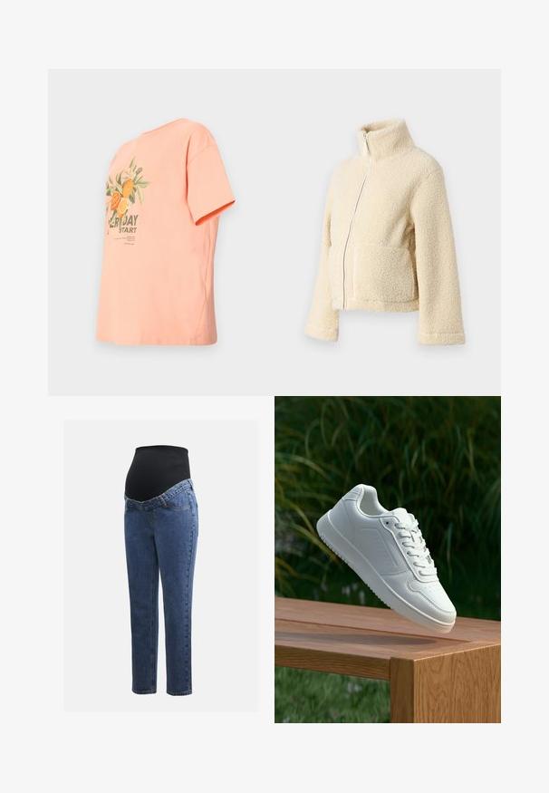 Kremowa polarowa kurtka z wysokim kołnierzem, zamek błyskawiczny z przodu i dwiema kieszeniami naszytymi. Posiada miękką, teksturowaną powierzchnię i szerokie rękawy.; Różowa bawełniana koszulka z krótkim rękawem, okrągłym dekoltem i graficznym nadrukiem pomarańczy z napisem "CODZIENNIE ZACZYNAMY".; Spodnie ciążowe z niebieskimi nogawkami z denimu i czarną elastyczną tablicą brzuszną, zaprojektowane w celu wsparcia i pokrycia rosnącego brzucha.; Biały sneaker z gładką syntetyczną cholewą, perforowanym noskiem, płaskimi sznurowadłami i teksturowaną podeszwą, wyeksponowany na drewnianej powierzchni.