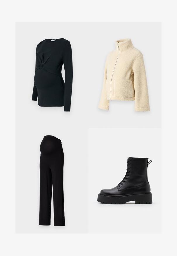 Kremfarget fleecejakke med høy krage, glidelås foran og to klaffelommer. Har en myk, teksturert overflate og vide ermer.; Svart langermet graviditetstopp med vridd frontdetalj, laget av mykt stoff, med en tettsittende fasong og rund halslinje.; Svarte graviditetsbukser med en elastisk, tettsittende midje og bred bendesign. Laget av mykt stoff som tilbyr komfort og støtte.; Sorte skinn ankelstøvler med rund tå, snøring foran og tykk gummisåle med teksturert mønster. Håndtak bak.