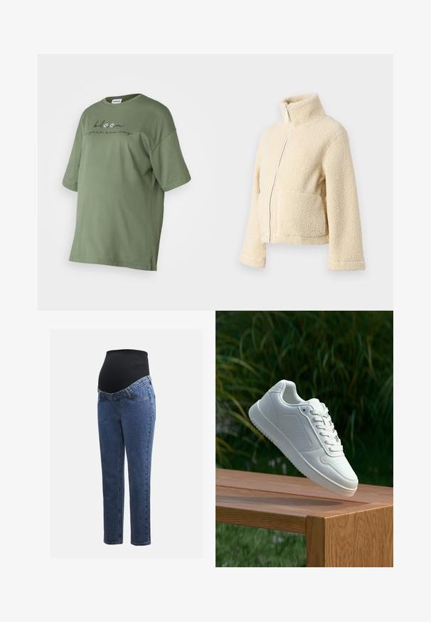 Jaqueta de fleece creme com gola alta, fecho frontal e dois bolsos de patch. Apresenta uma superfície suave e texturada e mangas largas.; T-shirt de algodão oversized em verde oliva, com mangas curtas, gola redonda, aberturas laterais e texto impresso com acentos florais na parte da frente.; Jeans de maternidade com pernas em denim azul e um painel abdominal preto elástico projetado para suportar e cobrir uma barriga em crescimento.; Sapatilha branca com um cabedal sintético liso, caixa dos dedos perfurada, atacadores planos e uma sola texturizada, exposta sobre uma superfície de madeira.