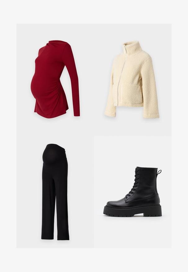 Jachetă din fleece crem, cu guler înalt, fermoar frontal și două buzunare aplicate. Are o suprafață moale și texturată și mâneci largi.; Bluză de maternitate cu mâneci lungi, de culoare roșie, cu textură în dungi, având un decolteu drapat și pliuri pe lateral pentru a se adapta unei burtici în creștere.; Pantaloni de maternitate negri, cu o talie elastică, ajustată și un design cu picioare largi. Construiti dintr-un material moale, oferind confort și suport.; Botine din piele neagră, până la gleznă, cu vârful rotund, șireturi în față și o talpă groasă din cauciuc cu un model texturat. Fâșie de tragere la spate.