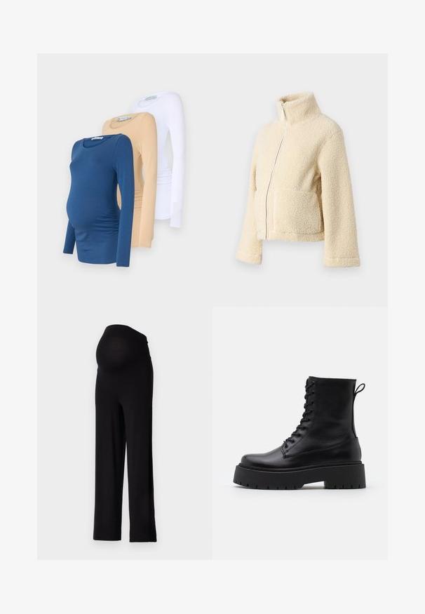 Jaqueta de fleece creme com gola alta, fecho frontal e dois bolsos de patch. Apresenta uma superfície suave e texturada e mangas largas.; Três blusas de maternidade de manga longa em azul, bege e branco. Feitas de um tecido suave com um design ajustado e franzidos laterais para conforto.; Calças de maternidade pretas com uma cintura elástica e ajustada e um design de perna larga. Feitas de um tecido macio, oferecendo conforto e suporte.; Botas de couro pretas até ao tornozelo, com bico redondo, atacador na frente e uma sola de borracha espessa com um padrão texturizado. Alça na parte de trás.